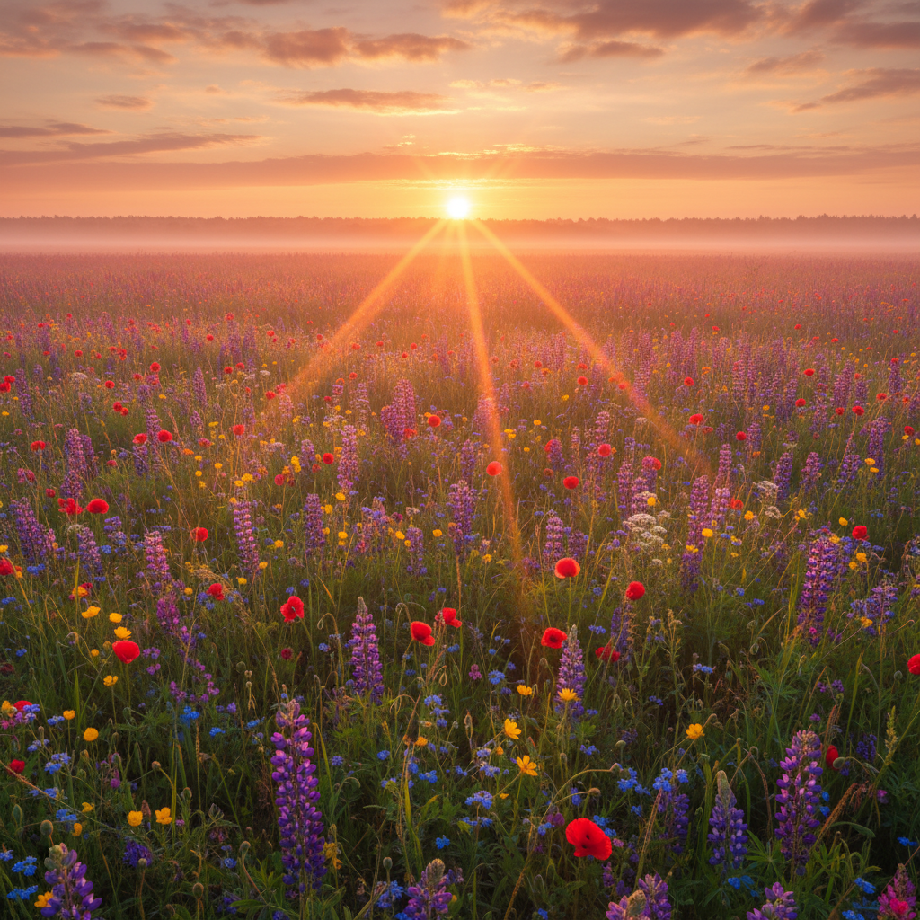 A stunning sunrise over a vibrant meadow full of wildflowers — golden light, warm oranges and pinks, rays of sunlight breaking through, radiating pure joy and positivity. No people.