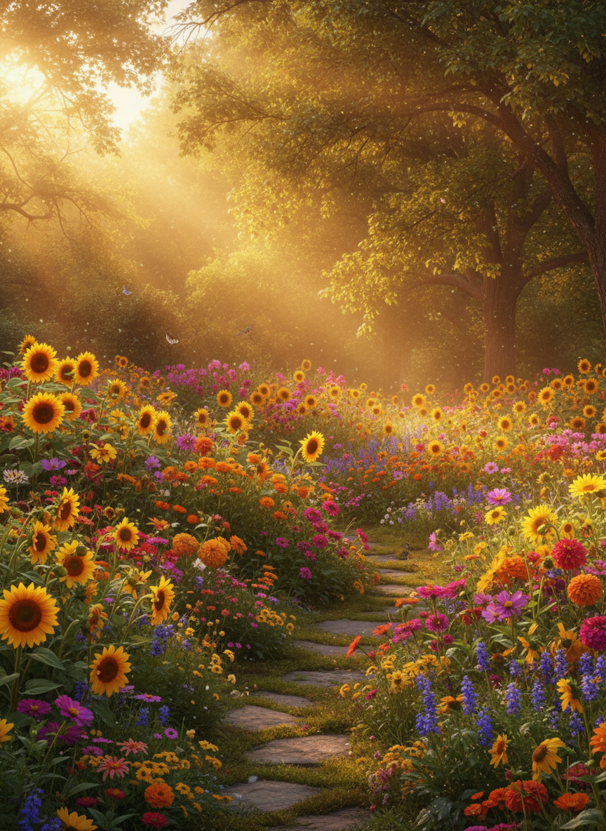 A joyful, uplifting scene — colorful flowers in a sunny garden, golden light, radiating warmth and happiness. No people.