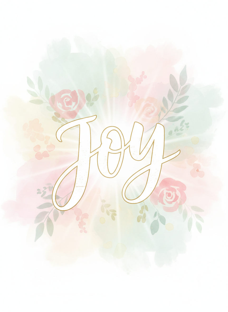 A beautiful hand-lettered or typographic image with the word "JOY" as the focal point. Script or brush lettering style, soft watercolor background with pastel florals — blush pinks, sage greens, soft yellows. Bright, uplifting, and peaceful. No people.