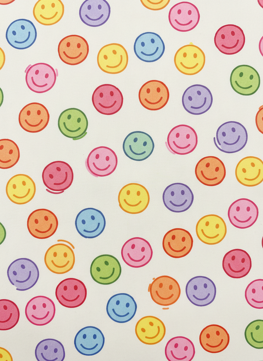 A fun, playful pattern of dainty smiley faces in many different colors — small, cute, hand-drawn style smiley faces scattered across the image in shades of yellow, pink, blue, green, purple, orange, and red. Cheerful, light, and whimsical. White or soft background.